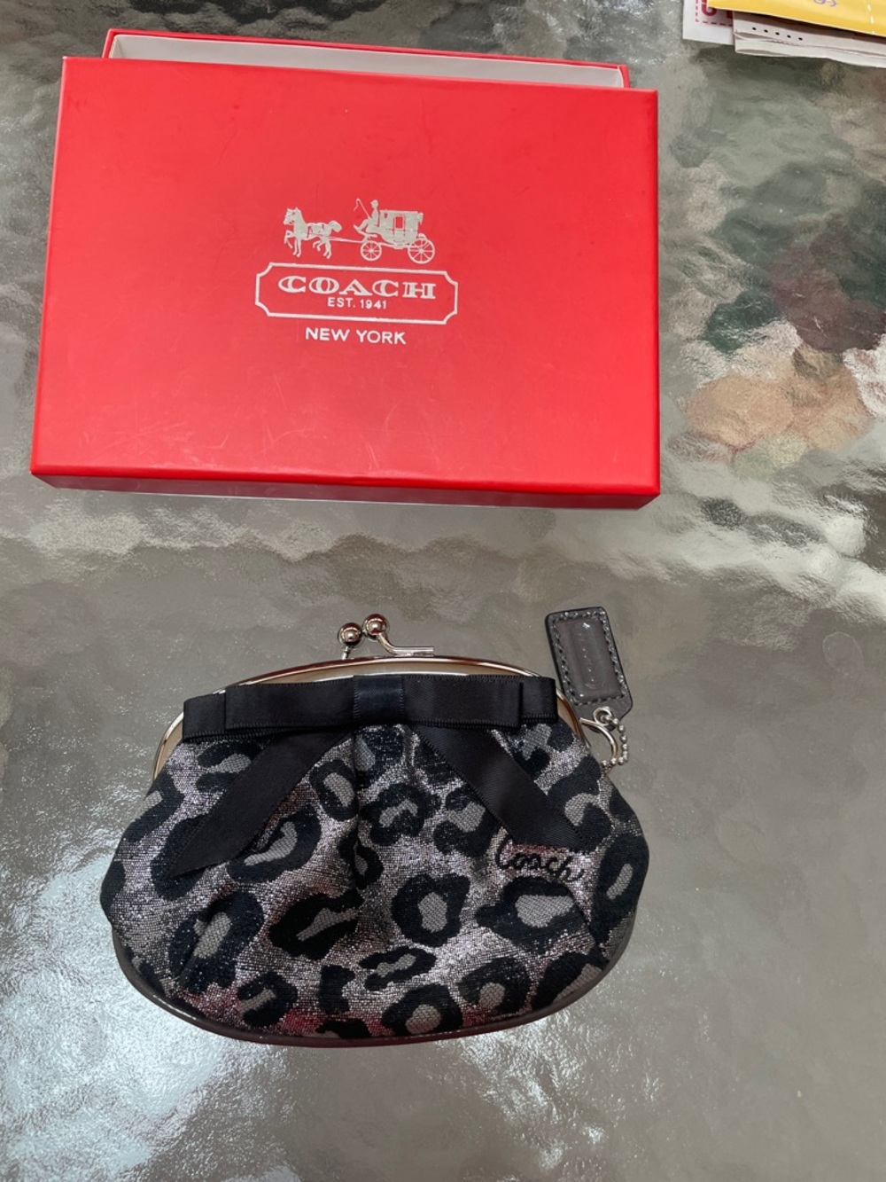 Coach Black & Silver Leopard Kiss-Lock Coin Purse